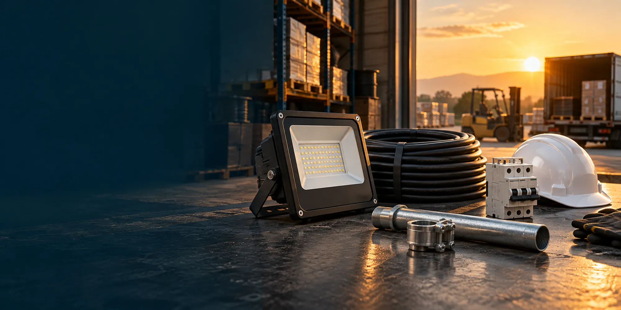 Reflector LED, cable y componentes eléctricos sobre una mesa industrial con el sol al fondo
